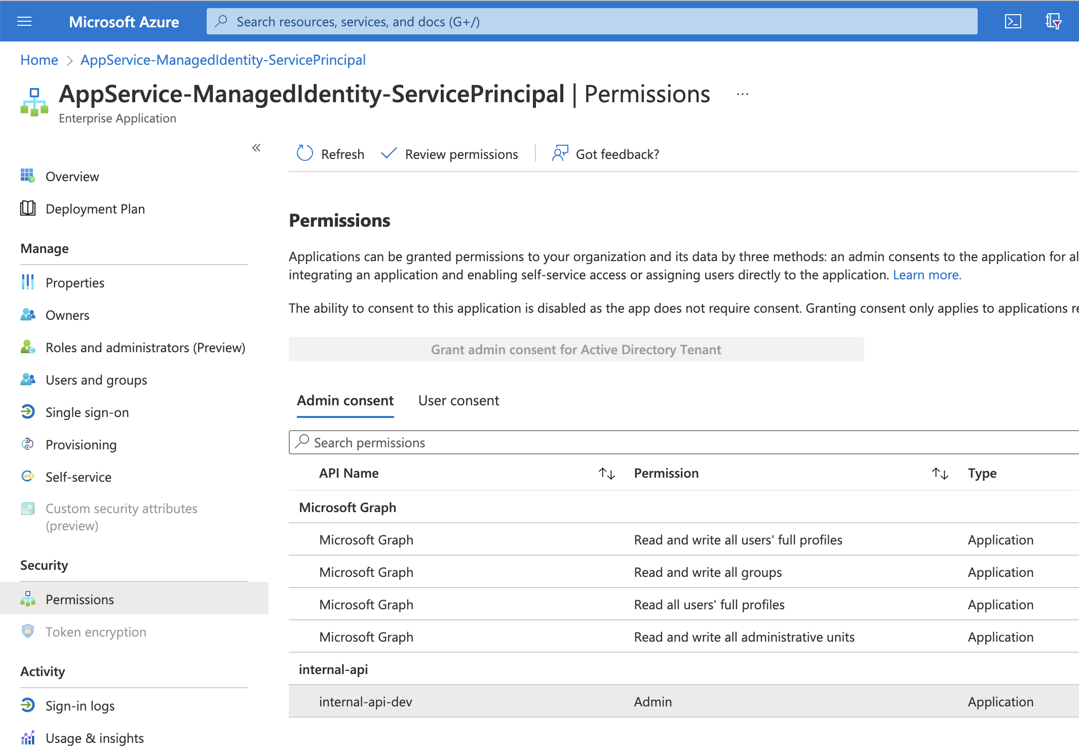 Screenshot of viewing permissions for a Managed Identity in the portal