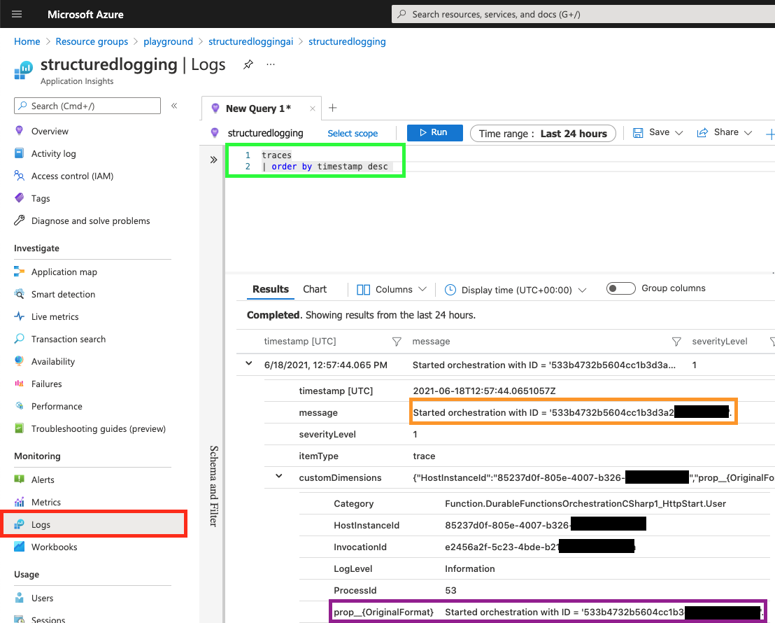 Screenshot of application insights highlighting what the log would look like