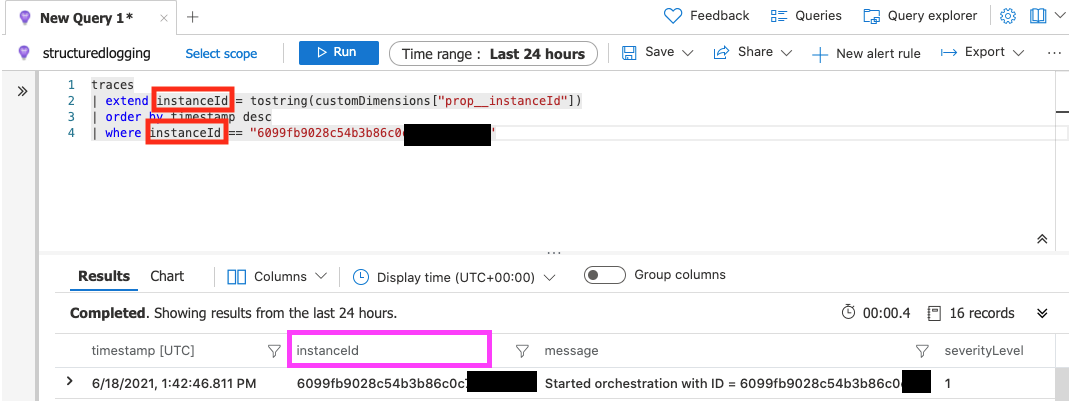 Screenshot of application insights highlighting structured log query