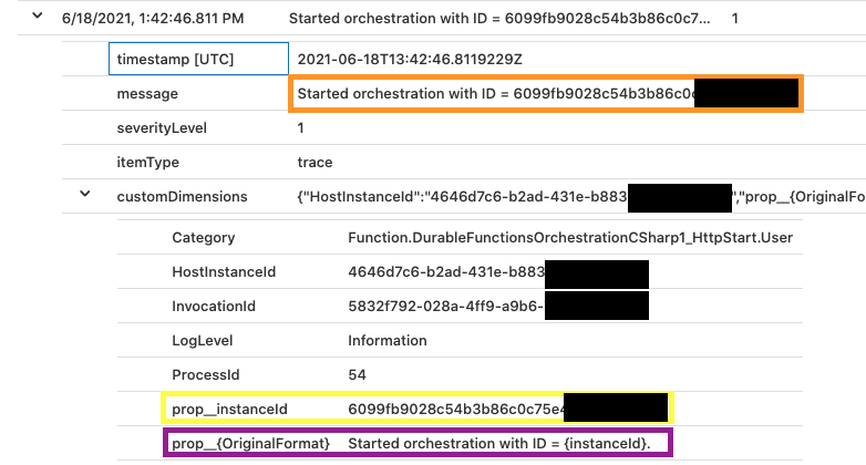 Screenshot of application insights highlighting what the log would look like when it's structured